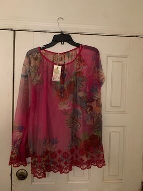 Johnny Was Pink Sheer Floral Dragon-Print Tunic